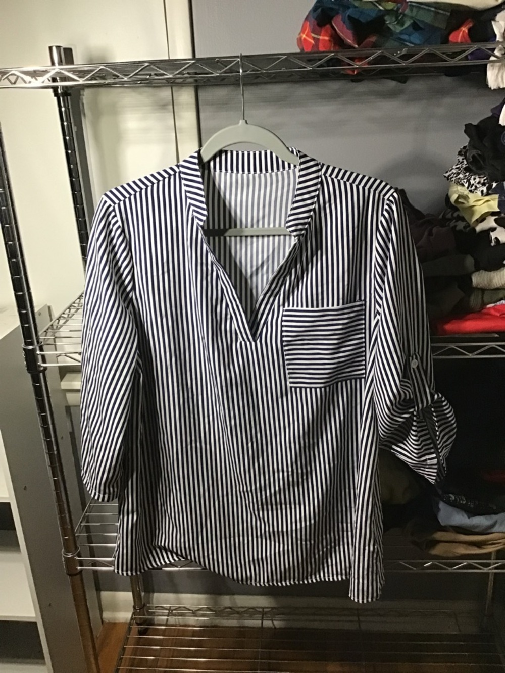 SHEIN Navy and White Vertical Stripe V-Neck Roll-Tab Blouse